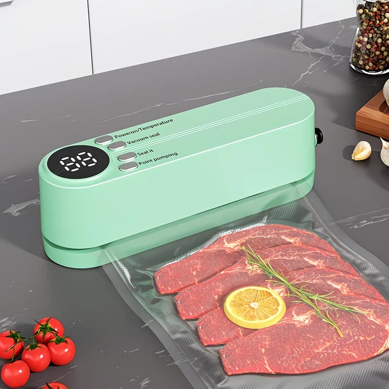 USB Rechargeable Portable Vacuum Sealer, includes sealing bags and a rapid vacuum pump. Space-saving design, suitable for vacuum packing snacks, meat, fruits, and vegetables for food preservation.GREEN - Image 1