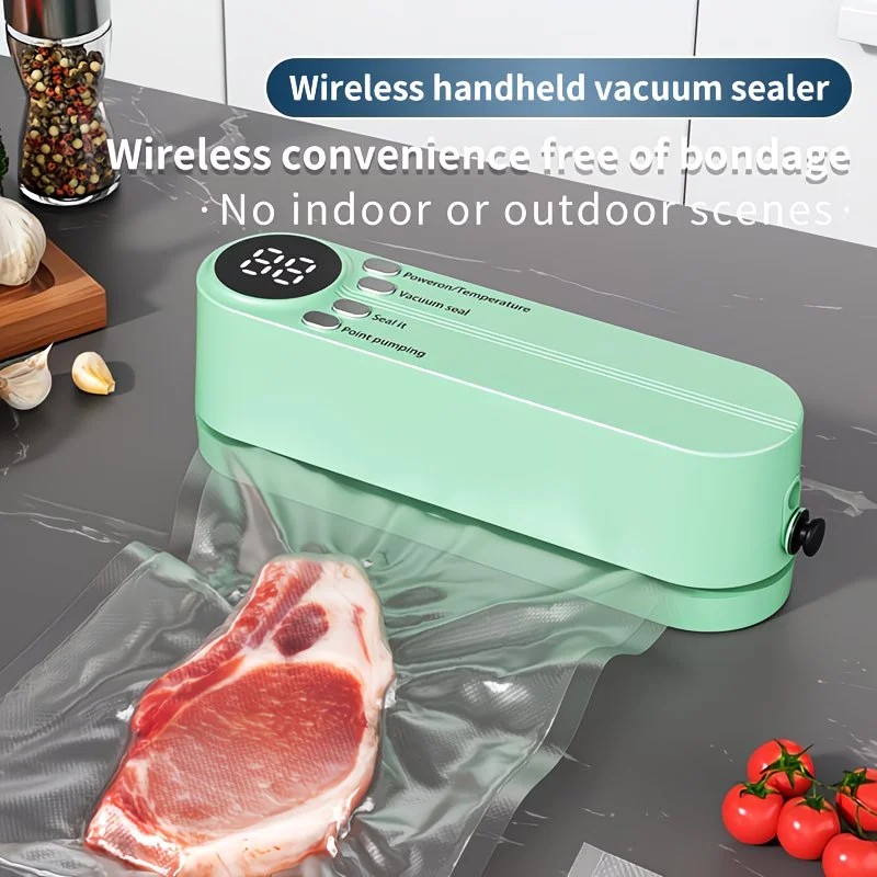 USB Rechargeable Portable Vacuum Sealer, includes sealing bags and a rapid vacuum pump. Space-saving design, suitable for vacuum packing snacks, meat, fruits, and vegetables for food preservation.GREEN - Image 3