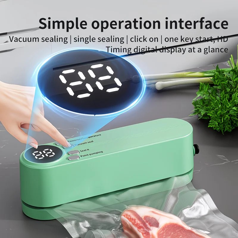 USB Rechargeable Portable Vacuum Sealer, includes sealing bags and a rapid vacuum pump. Space-saving design, suitable for vacuum packing snacks, meat, fruits, and vegetables for food preservation.GREEN - Image 4