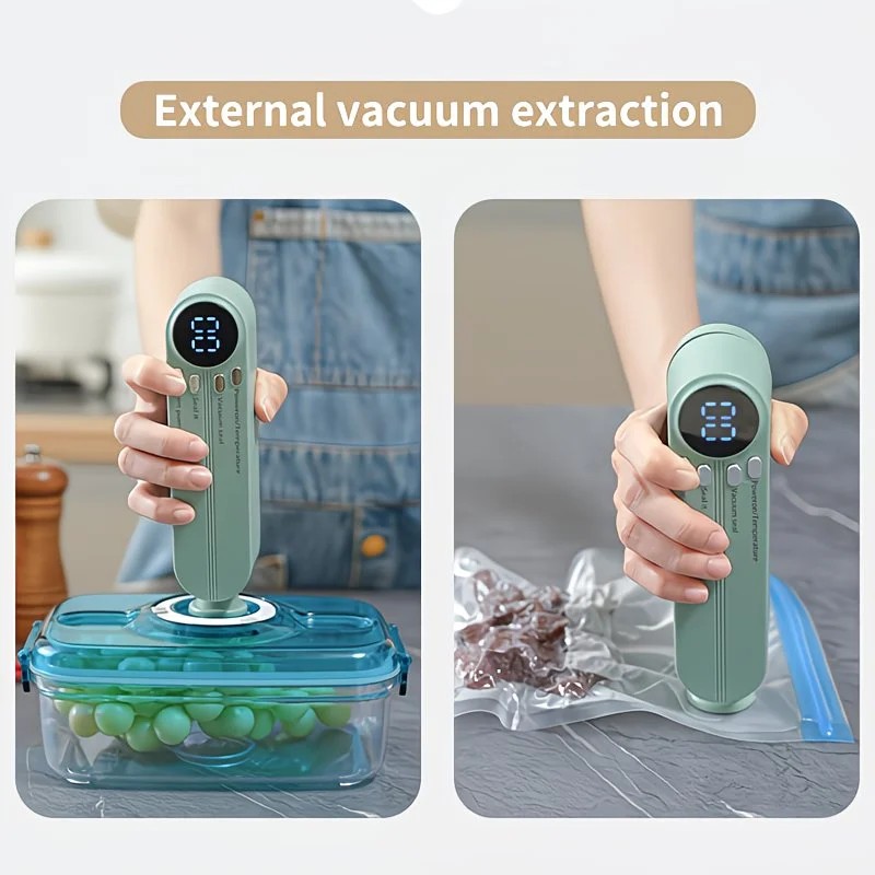 USB Rechargeable Portable Vacuum Sealer, includes sealing bags and a rapid vacuum pump. Space-saving design, suitable for vacuum packing snacks, meat, fruits, and vegetables for food preservation.GREEN - Image 5