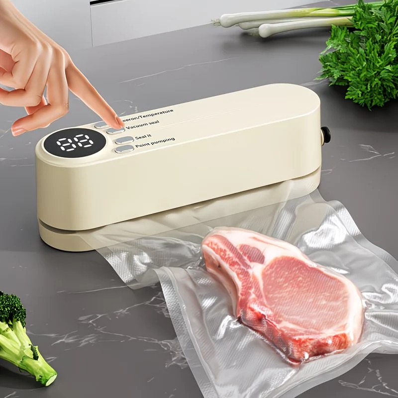 beige.USB Rechargeable Portable Vacuum Sealer, includes sealing bags and a rapid vacuum pump. Space-saving design, suitable for vacuum packing snacks, meat, fruits, and vegetables for food preservation. - Image 1