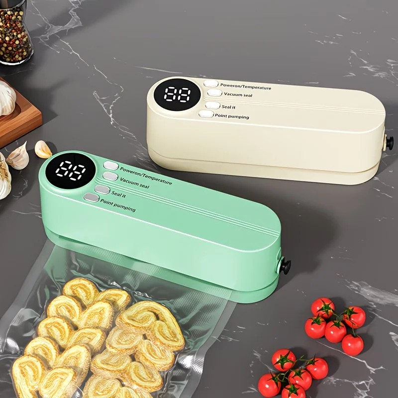 beige.USB Rechargeable Portable Vacuum Sealer, includes sealing bags and a rapid vacuum pump. Space-saving design, suitable for vacuum packing snacks, meat, fruits, and vegetables for food preservation. - Image 4