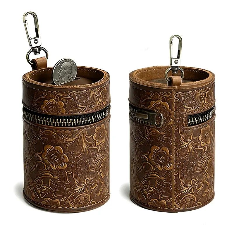 Genuine Leather Carved Barrel Piggy Bank, Natural Top Grain Cowhide Vintage Relief, Zipper Closure Portable - Image 1