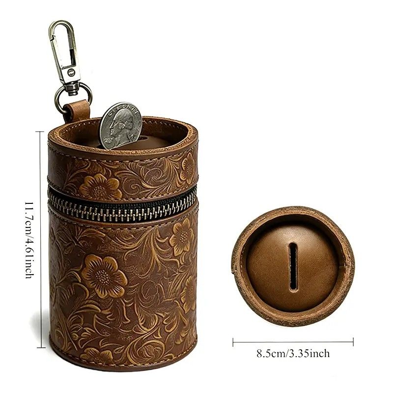 Genuine Leather Carved Barrel Piggy Bank, Natural Top Grain Cowhide Vintage Relief, Zipper Closure Portable - Image 2
