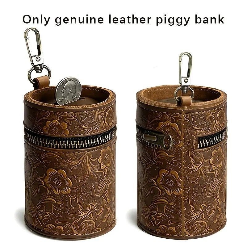 Genuine Leather Carved Barrel Piggy Bank, Natural Top Grain Cowhide Vintage Relief, Zipper Closure Portable - Image 3