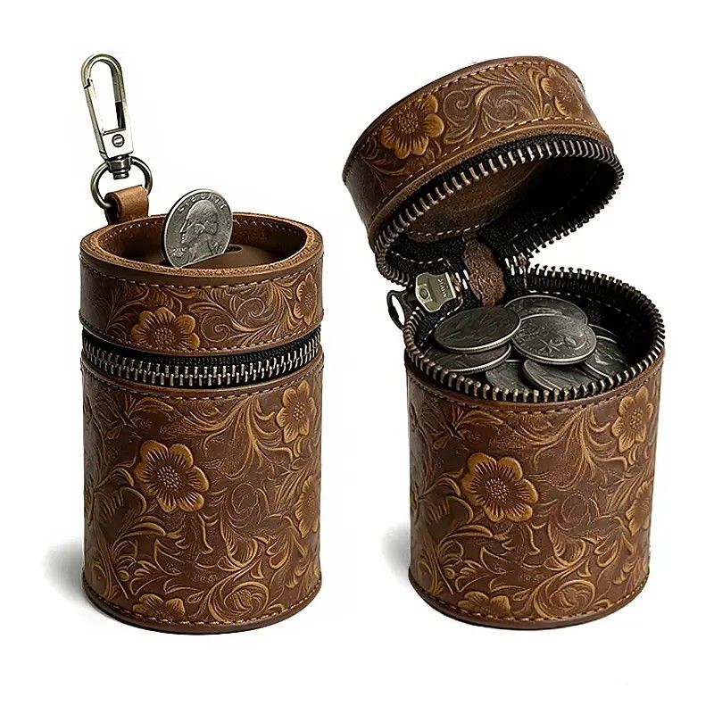 Genuine Leather Carved Barrel Piggy Bank, Natural Top Grain Cowhide Vintage Relief, Zipper Closure Portable - Image 5
