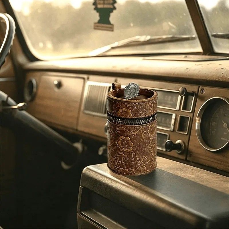 Genuine Leather Carved Barrel Piggy Bank, Natural Top Grain Cowhide Vintage Relief, Zipper Closure Portable - Image 6