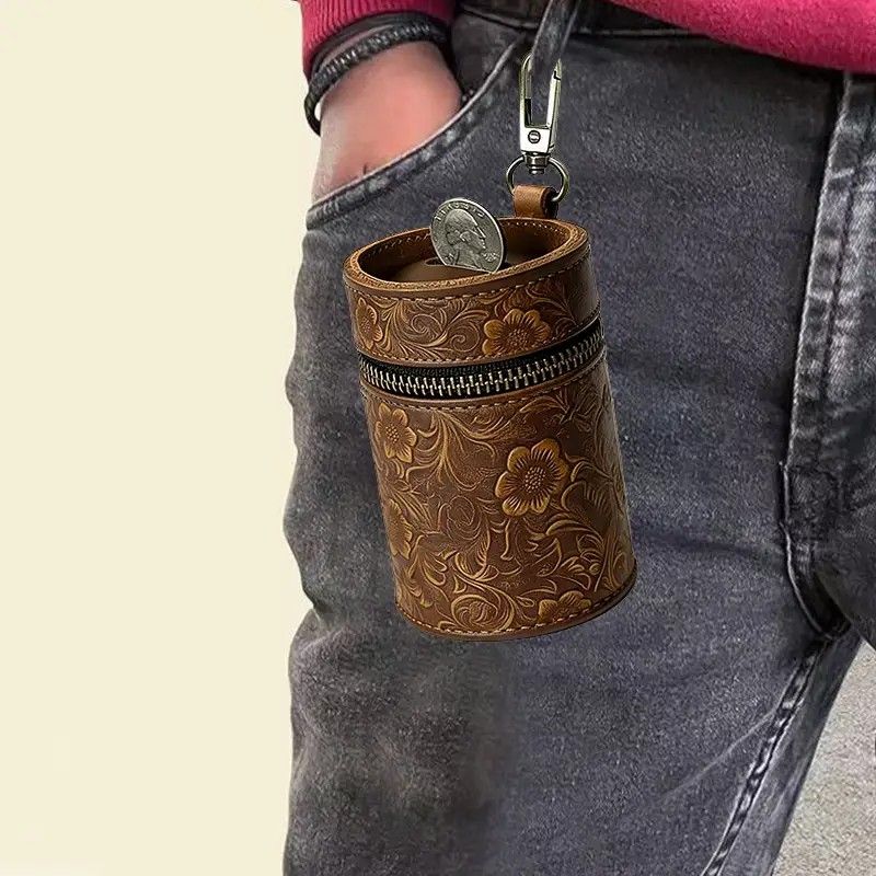 Genuine Leather Carved Barrel Piggy Bank, Natural Top Grain Cowhide Vintage Relief, Zipper Closure Portable - Image 7