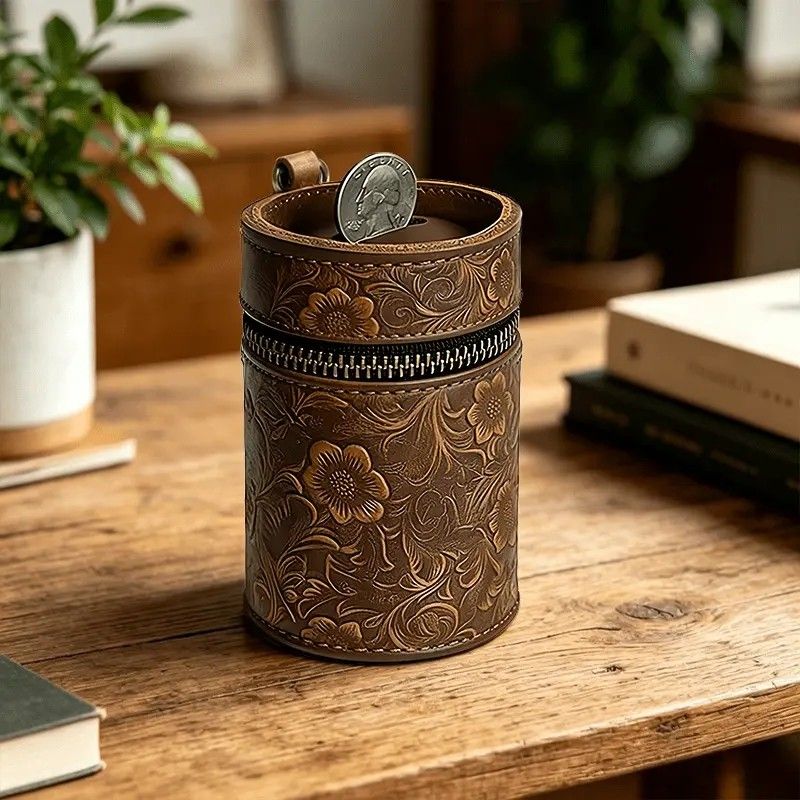 Genuine Leather Carved Barrel Piggy Bank, Natural Top Grain Cowhide Vintage Relief, Zipper Closure Portable - Image 8