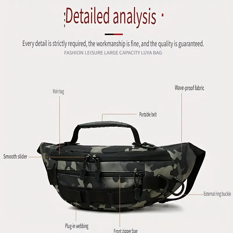 Tactical Camo Waist Bag: Water-Repellent Oxford, Multi-Compartment, Lightweight 0.25kg, Chest/Crossbody/Waist Carry – All-Scenario Essential/black - Image 6