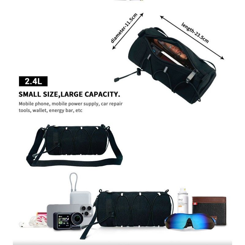 Cycling top tube bag, 2.4L large capacity holds all your small essentials, six reflective strips keep you safe during night rides, detachable for use as a crossbody bag, one bag for multiple uses./black - Image 1