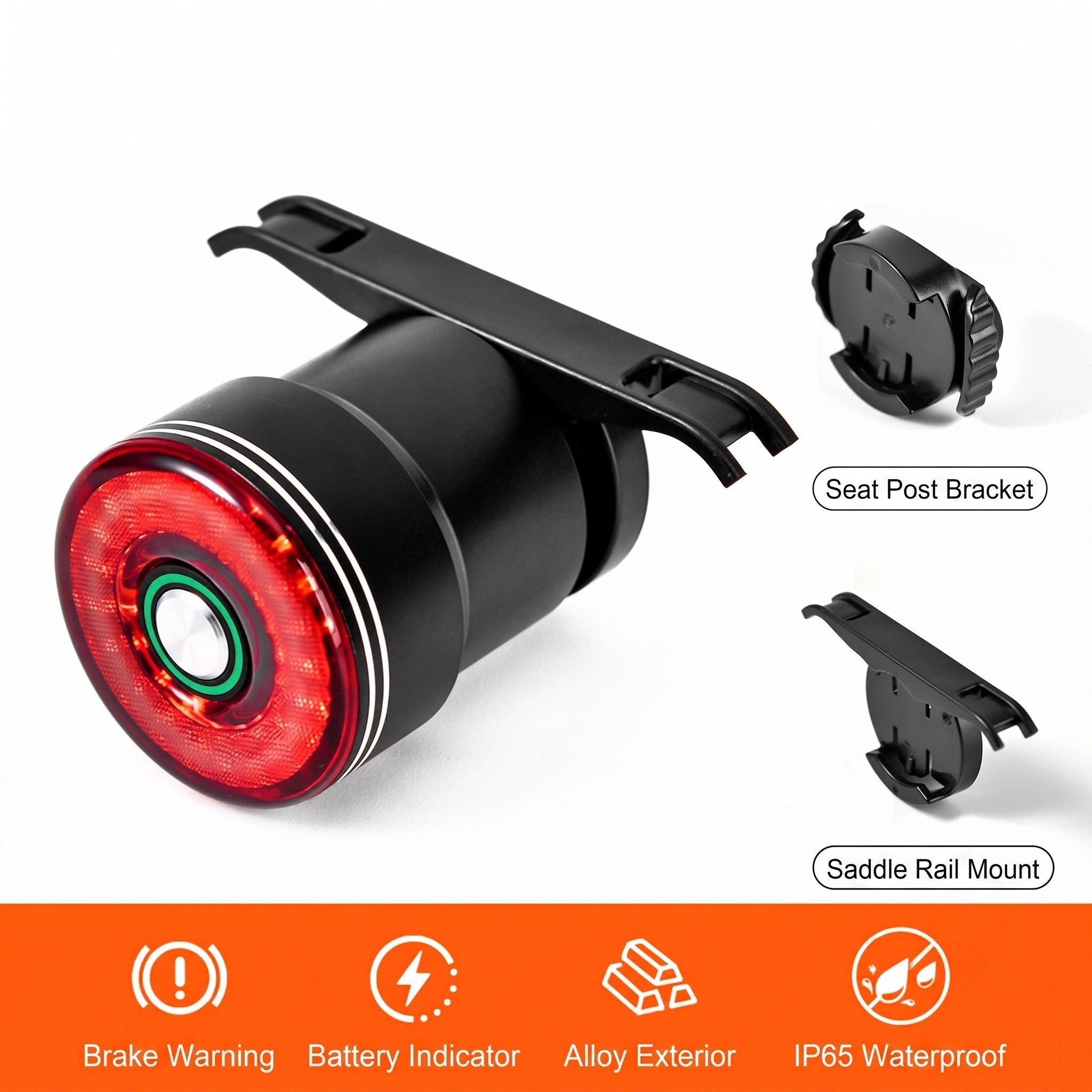 Smart Brake Light Dual Base High Brightness Bicycle Light: Aluminum Alloy Waterproof, Three Brightness Levels, USB Rechargeable 8-15 Hours Runtime, Brake Sensor Activation, Safe Night Riding. - Image 1