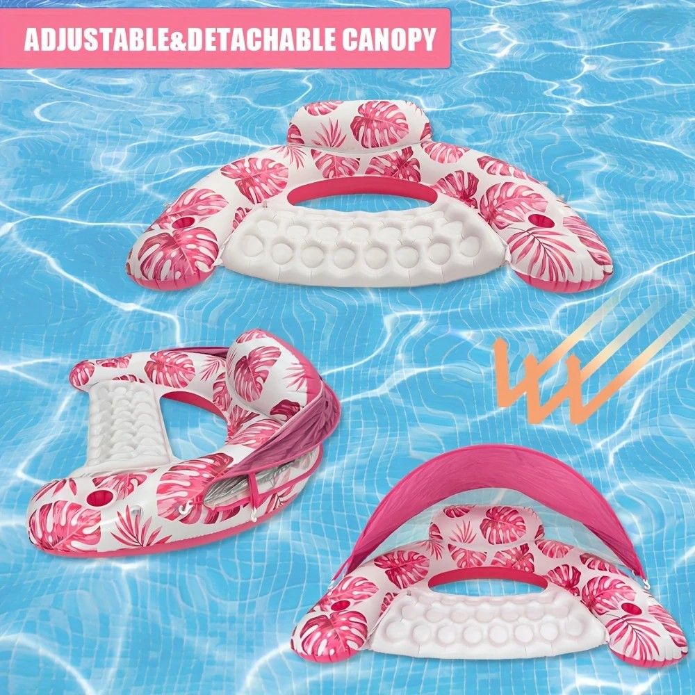 Adult Pool Floating Bed with Canopy: Upgraded Large Space, Adjustable Shade, Ergonomic Headrest, Dual Cup Holders, Portable and Comfortable。PINK - Image 6