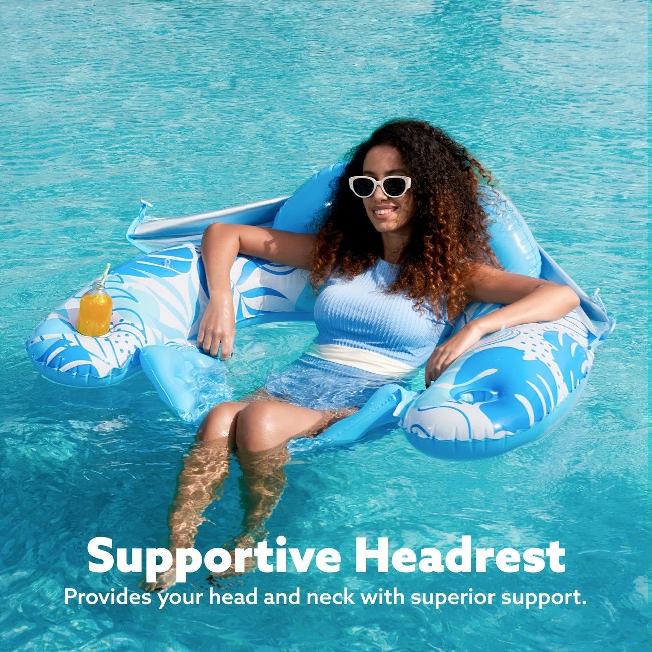 Adult Pool Floating Bed with Canopy: Upgraded Large Space, Adjustable Shade, Ergonomic Headrest, Dual Cup Holders, Portable and Comfortable.BLUE - Image 7