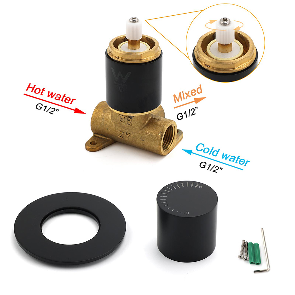 Watermark Matt Black Round Bath Shower Mixer Hot Cold Tap Valve Turn No Handle - Image 4