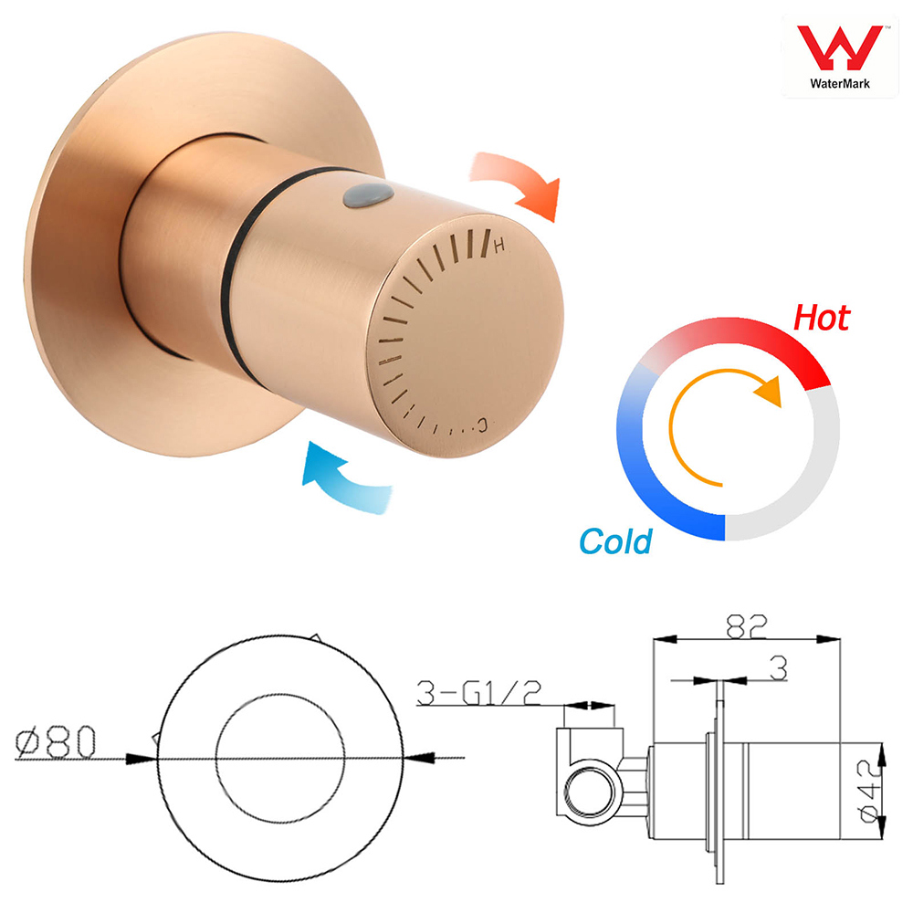 Watermark Round Shower Mixer Brass Hot Cold Water Tap Valve Brushed Rose Gold - Image 2