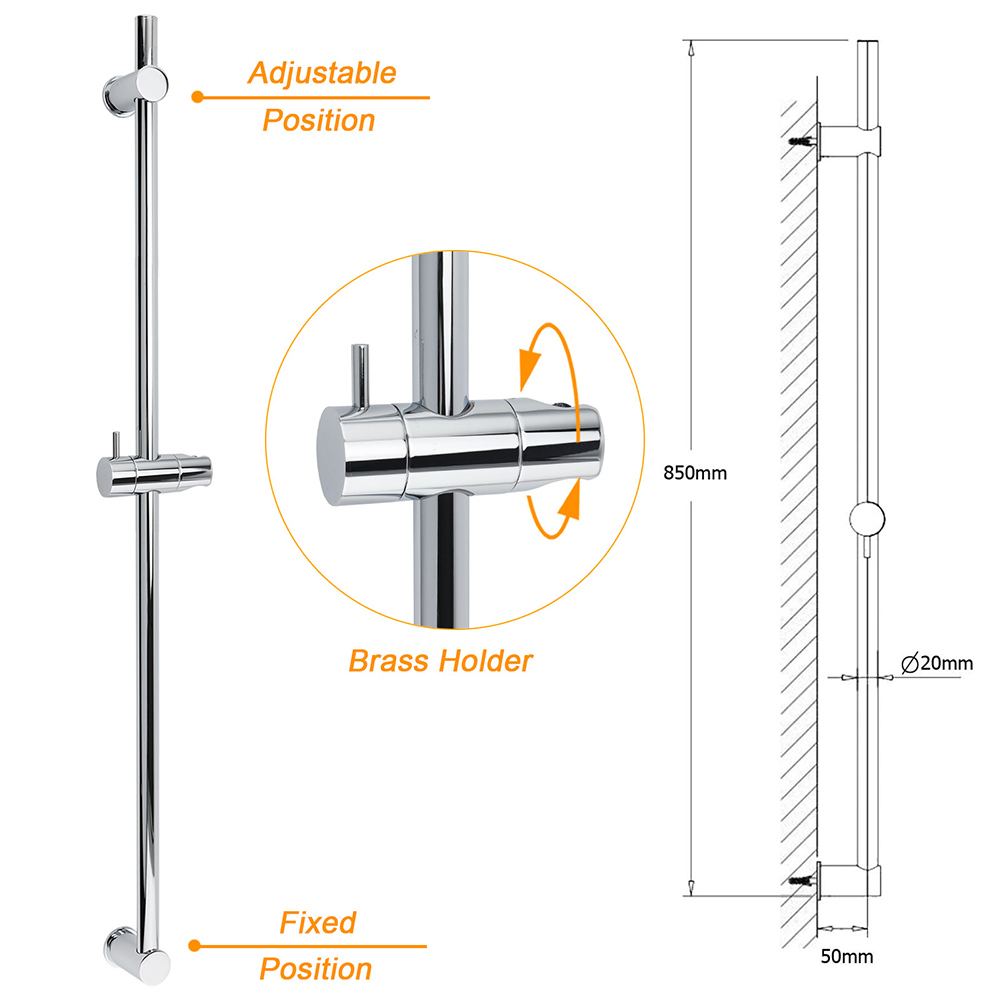 Strong Brass Chrome Round 850mm Long Sliding Rail Bar Holder For Handheld Shower - Image 2