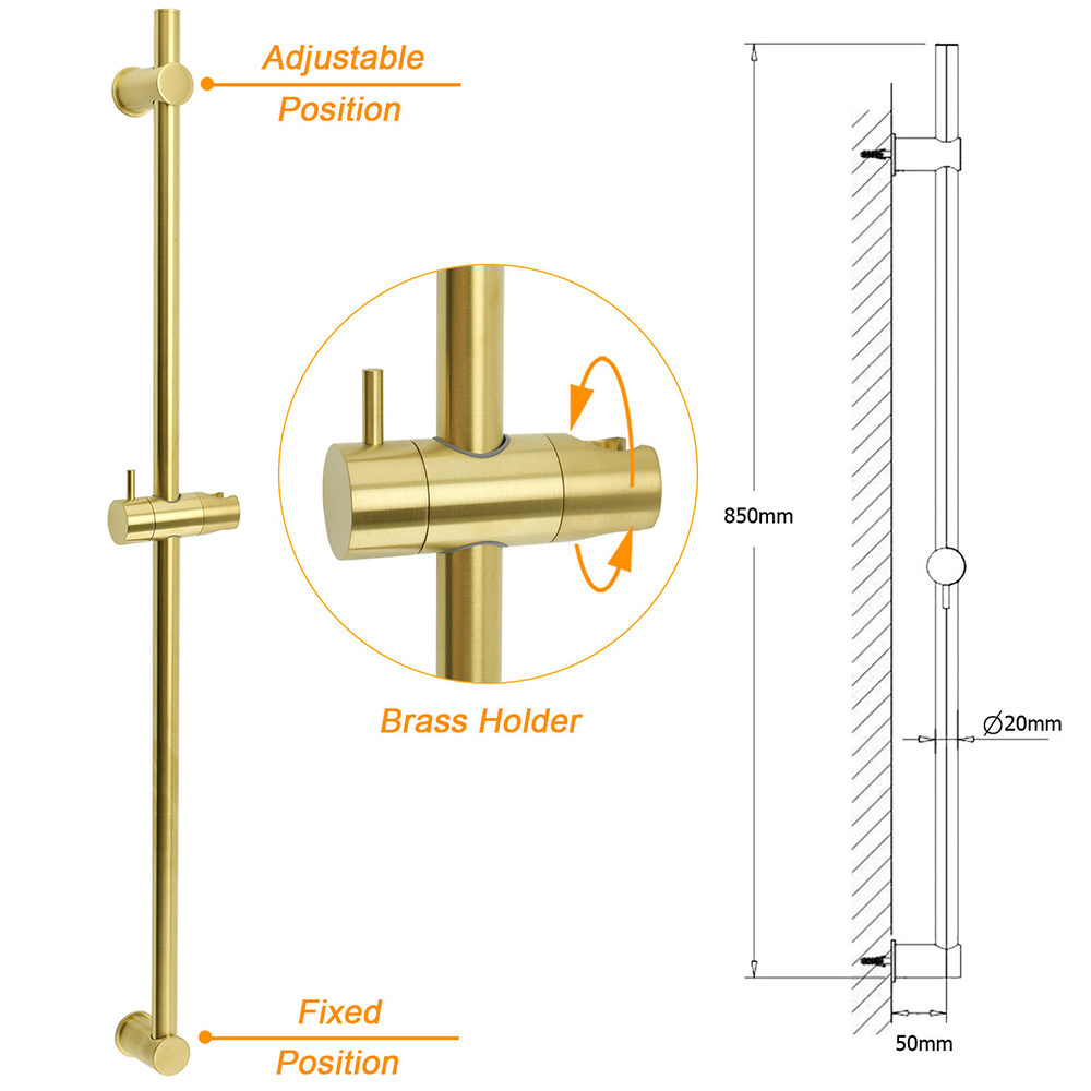 Brushed Gold Brass 850mm Long Sliding Rail Bar Swivel Handheld Shower Holder Kit - Image 2
