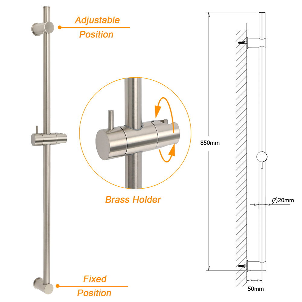 Solid Brass Brushed Nickel Long Sliding Rail Bar Swivel Handheld Shower Holder - Image 2
