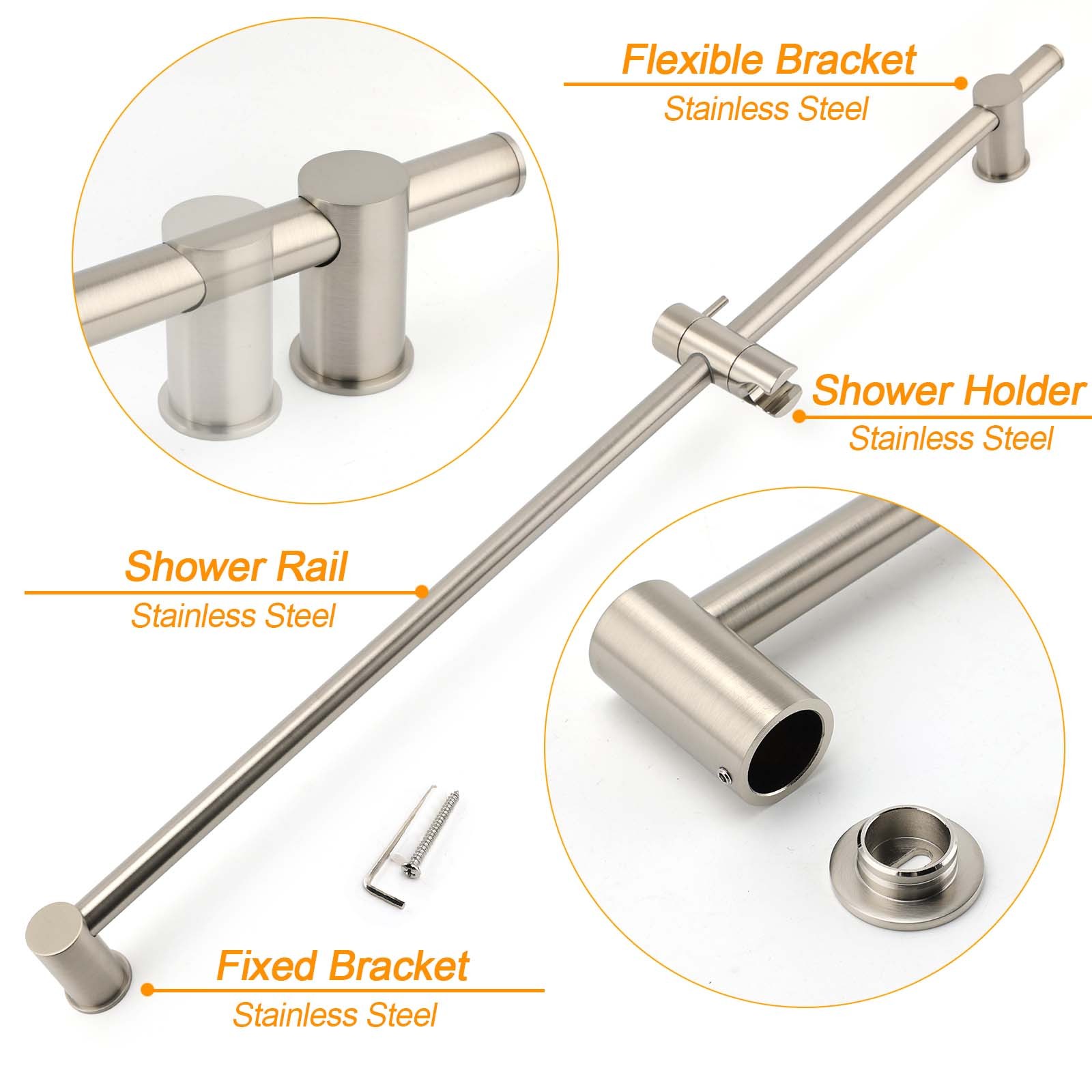 Solid Brass Brushed Nickel Long Sliding Rail Bar Swivel Handheld Shower Holder - Image 3