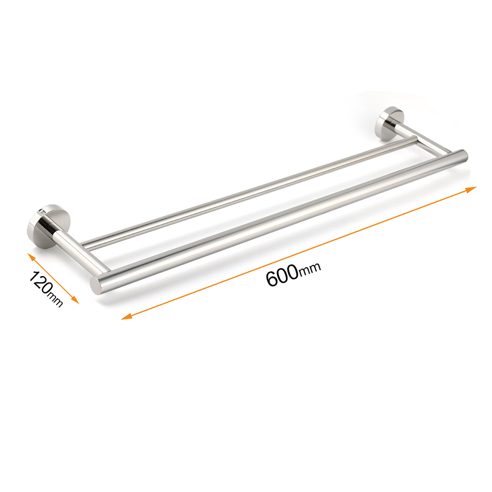 Polished Chrome 600mm Double Towel Rack Holder Stainless Steel Hanger Rail Kit - Image 2