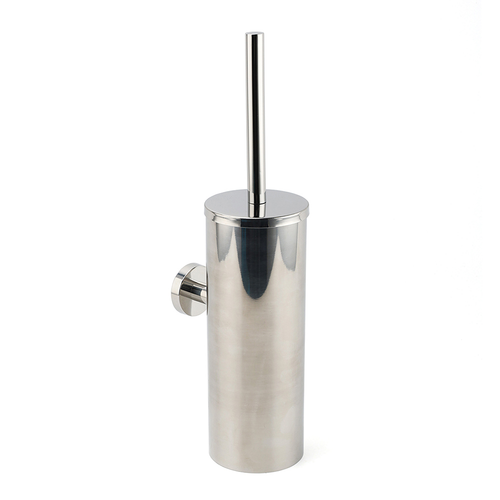 Polished Chrome Silver Round Toilet Brush Wall Mount Holder Cup Stainless Steel - Image 1