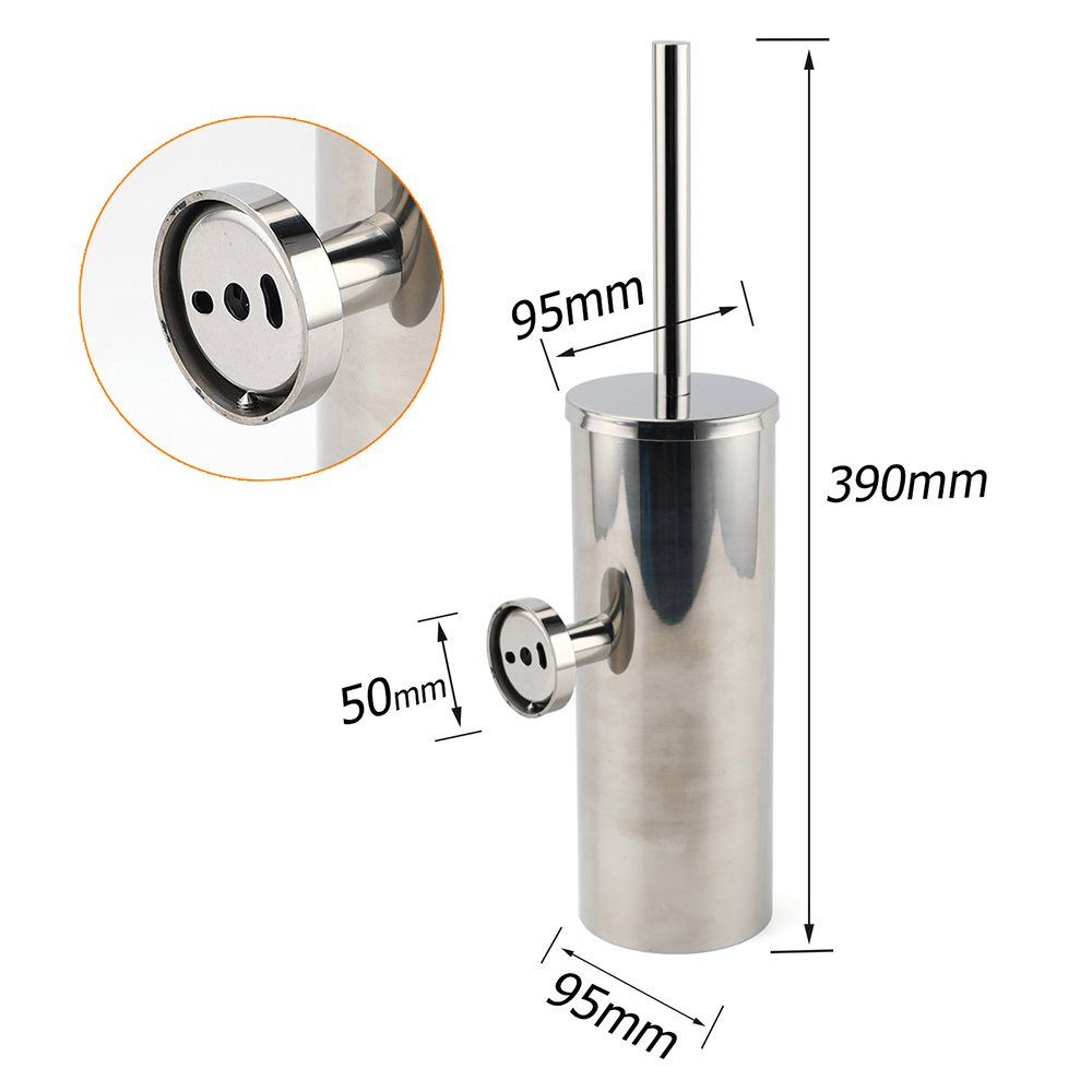 Polished Chrome Silver Round Toilet Brush Wall Mount Holder Cup Stainless Steel - Image 2