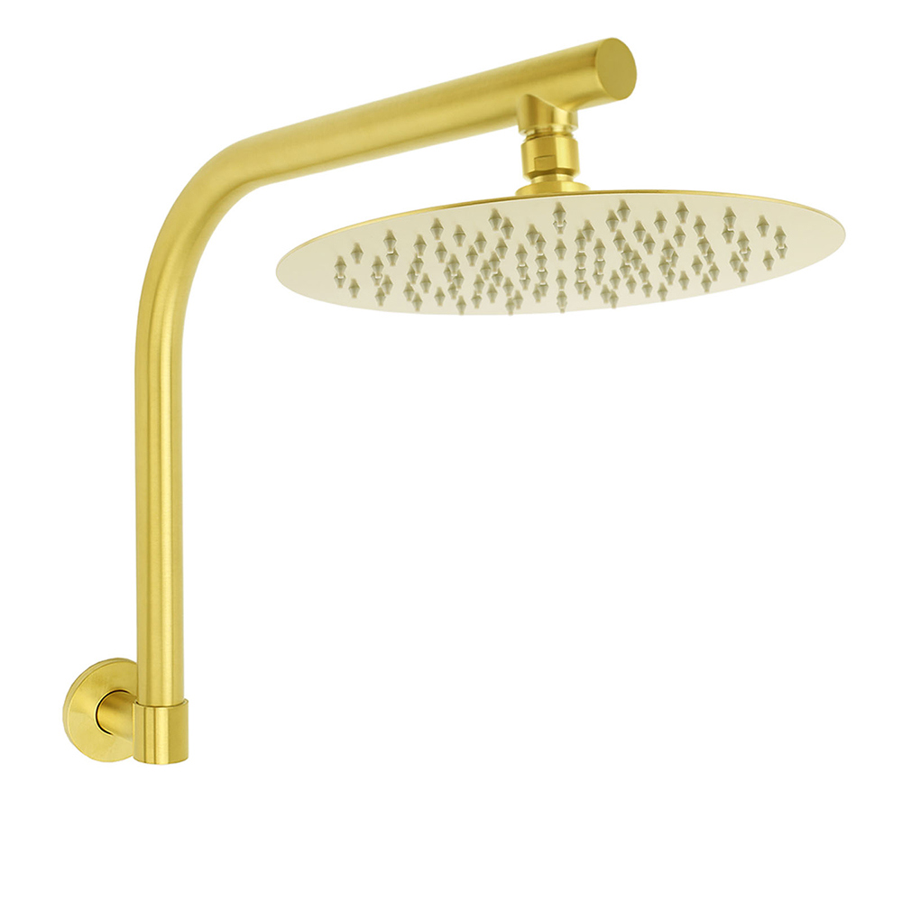 Brushed Gold Round 10 Inch Rain Shower Head Swivel Brass Gooseneck Wall Arm Set - Image 1