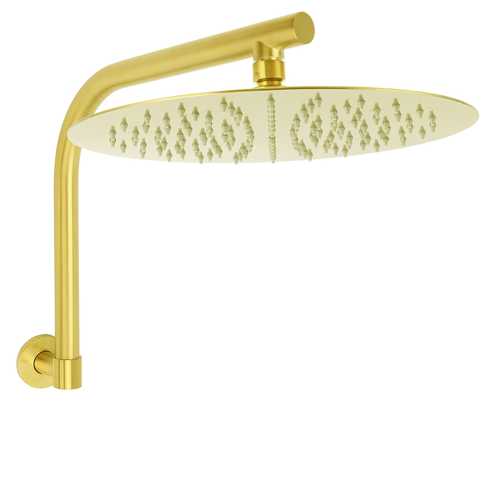 Brushed Gold Round 12 Inch Rain Shower Head Swivel Brass Gooseneck Wall Arm Set - Image 1