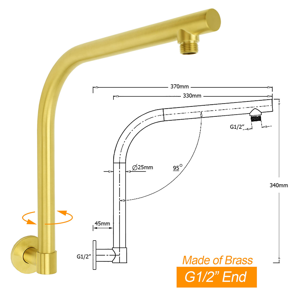 Brushed Gold Round 12 Inch Rain Shower Head Swivel Brass Gooseneck Wall Arm Set - Image 2