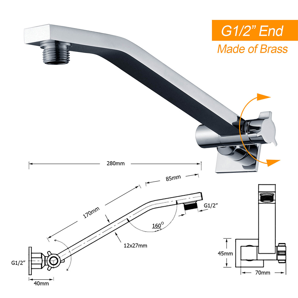 Square Chrome Brass Up & Down Adjustable Wall Mounted Shower Arm For Shower Head - Image 2