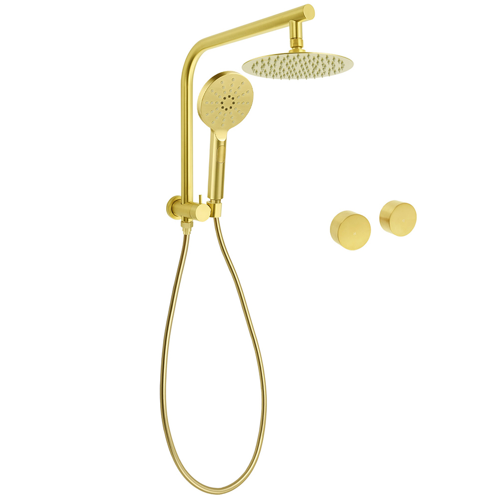WELS Brushed Gold Round Dual Shower Head Set Simple Hold Handheld Gooseneck Arm Twin Taps - Image 1