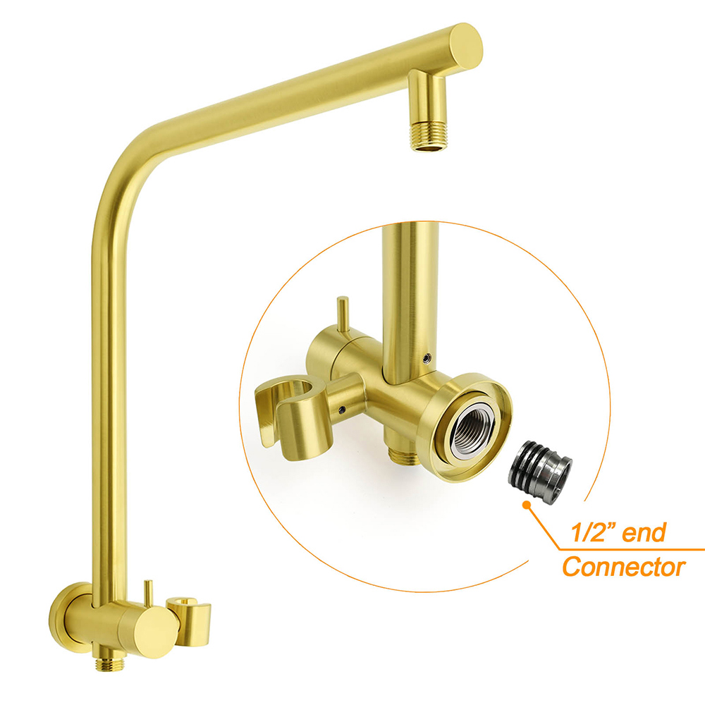 WELS Brushed Gold Round Dual Shower Head Set Simple Hold Handheld Gooseneck Arm Twin Taps - Image 4