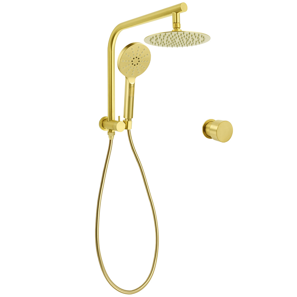 WELS Brushed Gold Round Twin Shower Head Set Stainless Steel Handheld Gooseneck Arm Wall Mixer - Image 1