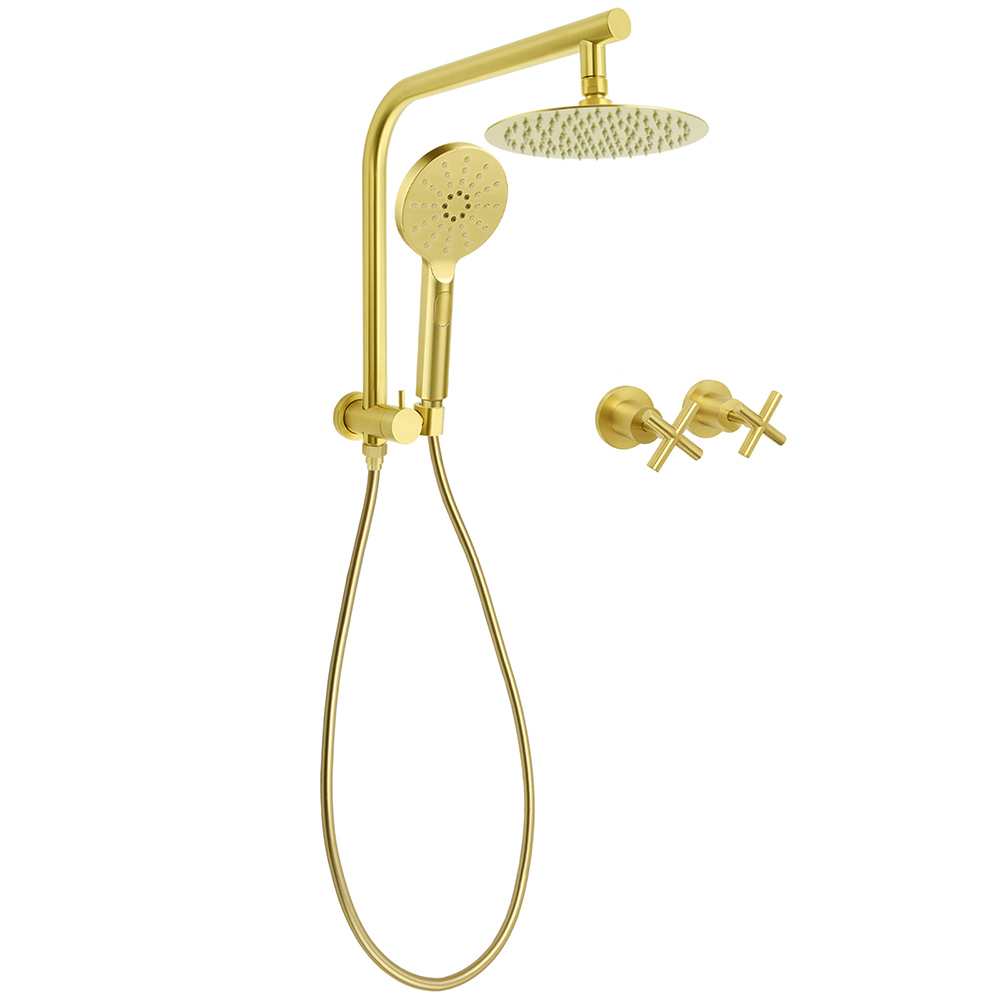 WELS Brushed Gold Round 2in1 Shower Head Set Diverter Wall Arm Metal Handheld With Mixer - Image 1