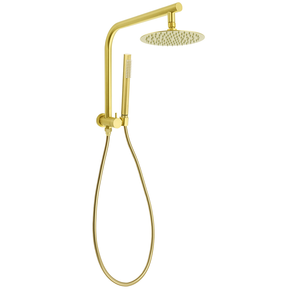 WELS Brushed Gold Round Twin Shower Head Set Diverter Wall Arm Stainless Steel Handheld Rose - Image 1