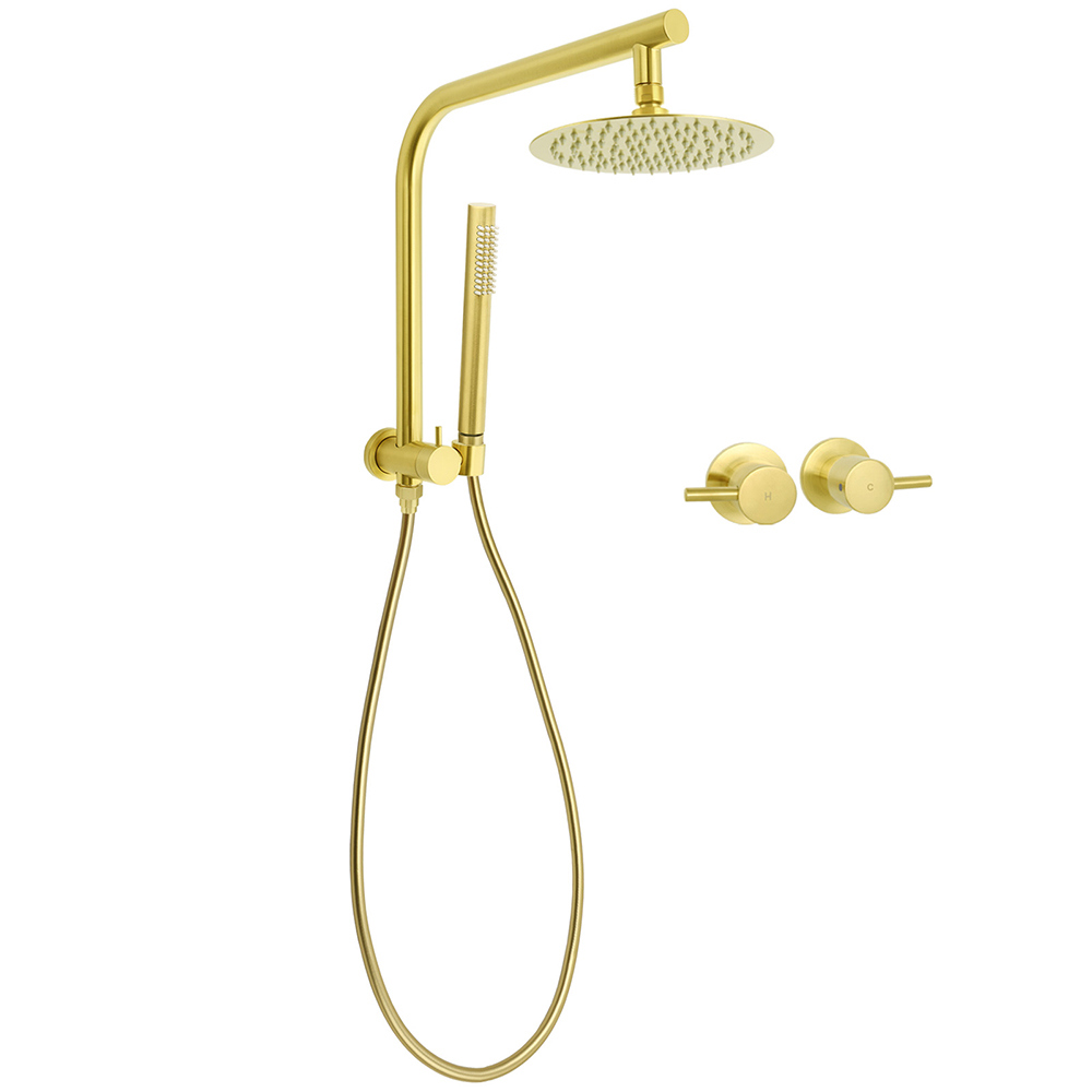 WELS Brushed Gold Round 2in1 Shower Head Set Diverter Wall Arm Stainless Steel Handheld + Taps - Image 1
