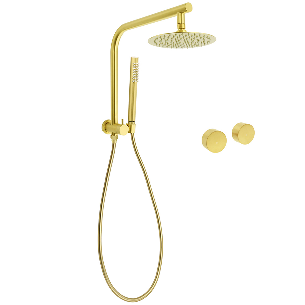 WELS Brushed Gold Round 2in1 Shower Head Set Ergonomic Handheld Gooseneck Arm Twin Taps - Image 1