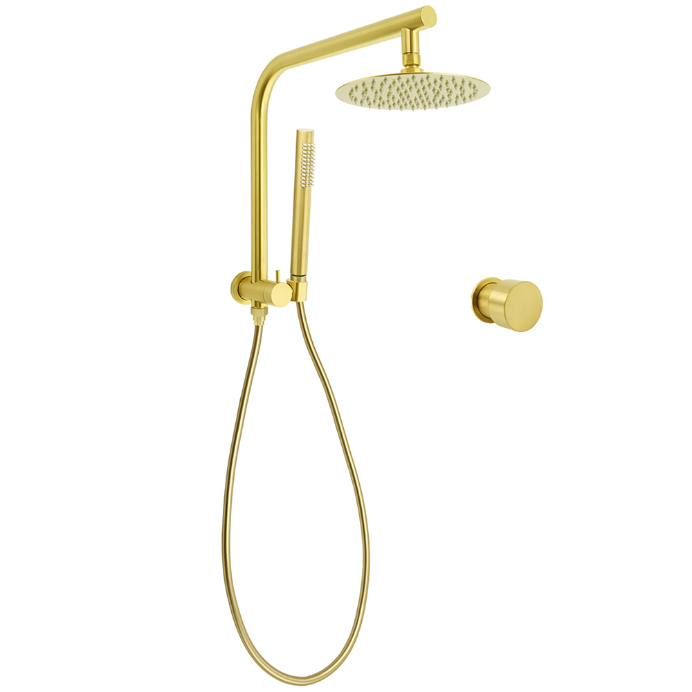 WELS Brushed Gold Round Dual Shower Head Set Single Mode Handheld Gooseneck Arm Wall Mixer - Image 1