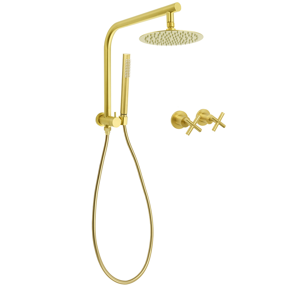WELS Brushed Gold Round Twin Shower Head Set Diverter Wall Arm Metal Handheld With Mixer - Image 1