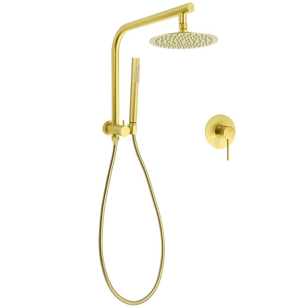 WELS Brushed Gold Round Twin Shower Head Set Diverter Wall Arm Single Mode Handheld Wall Mixer - Image 1