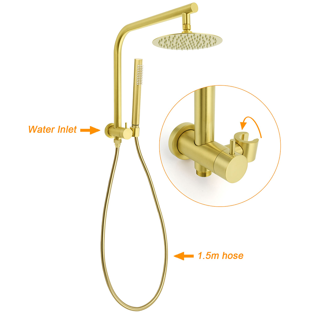 WELS Brushed Gold Round Twin Shower Head Set Diverter Wall Arm Single Mode Handheld Wall Mixer - Image 2