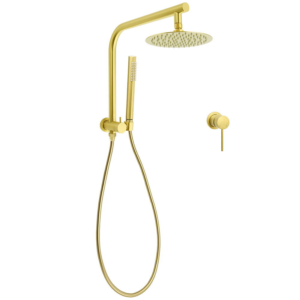 WELS Brushed Gold Round Dual Shower Head Set Diverter Wall Arm Single Mode Handheld Small Face Mixer - Image 1