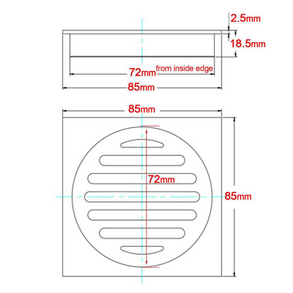 Watermark Stainless Steel 85x85mm Small Square Shower Grate Floor Drain 72mm Outlet - Image 2