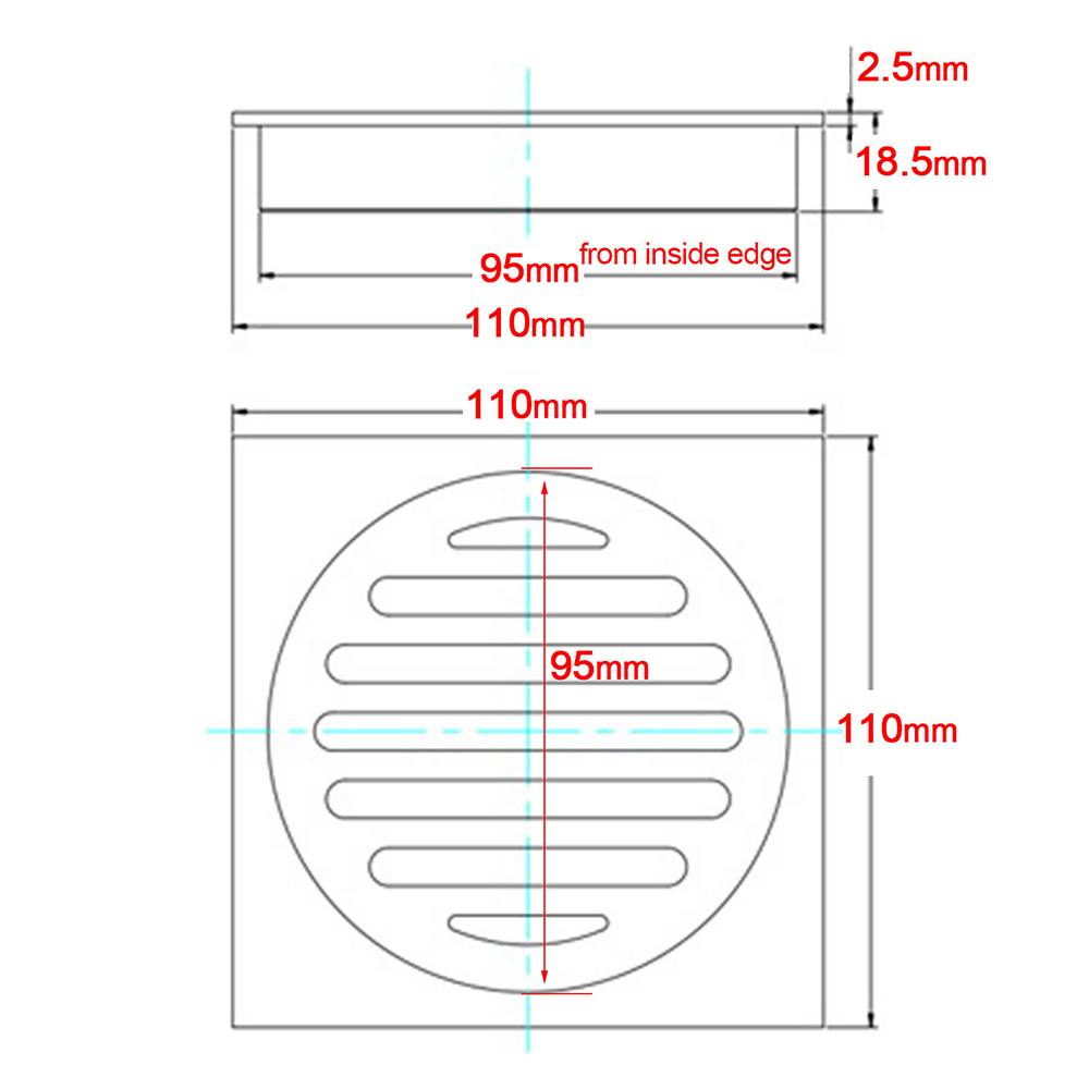 Chrome Stainless Steel 110mm Small Square Shower Grate Floor Drain 95mm Outlet - Image 2