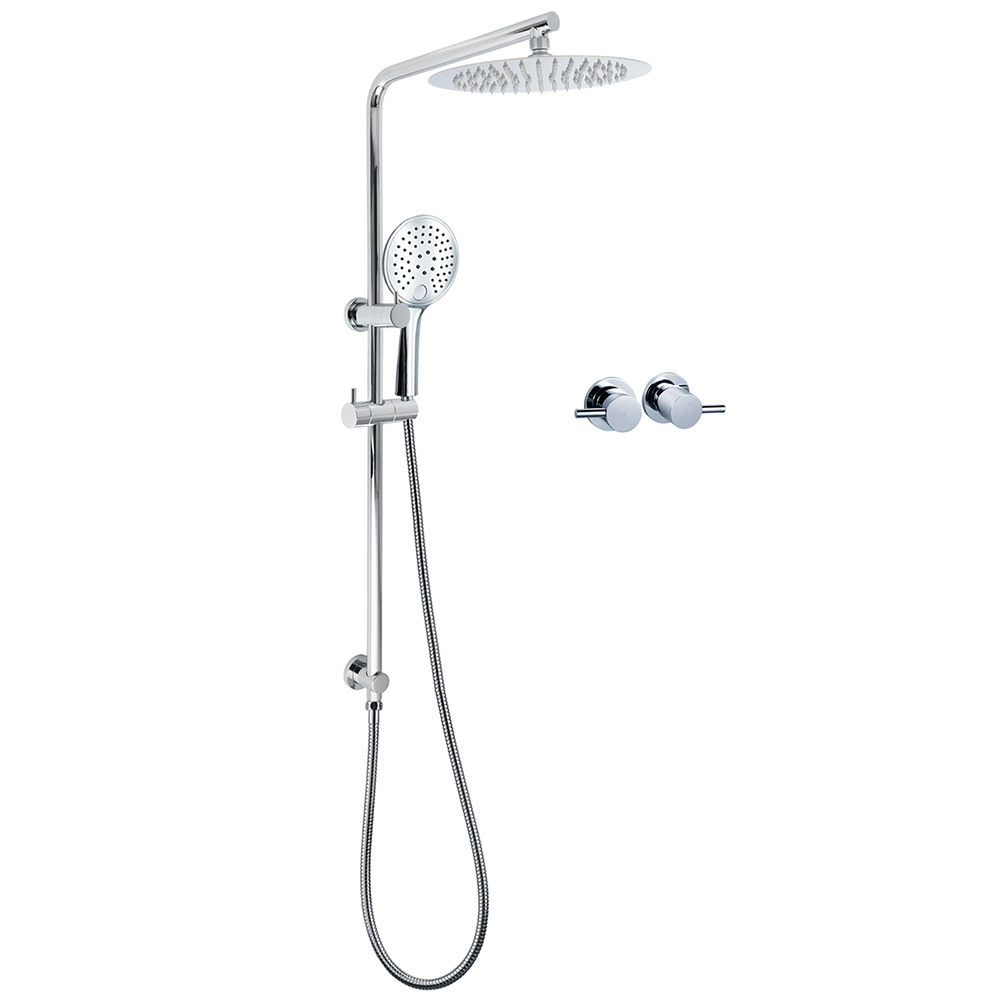 Chrome 250mm Rain Shower Head Round Handheld Sliding Rail Diverter Arm Twin Taps Set - Image 1