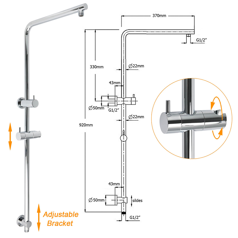 Chrome 250mm Rain Shower Head Round Handheld Sliding Rail Diverter Arm Twin Taps Set - Image 3