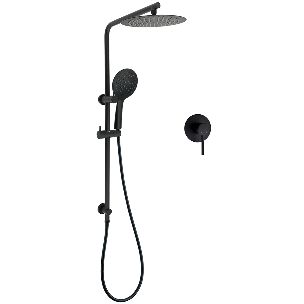 Matt Black Twin 10 Inch Shower Head 3 Modes Handheld 2in1 Wall Rail Arm Round Mixer - Image 1