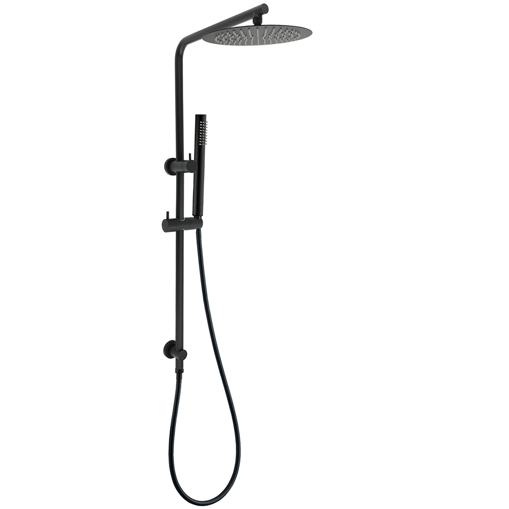 Matt Black Round 250mm Rain Shower Head Brass Handheld Slide Rail Riser Arm Set - Image 1