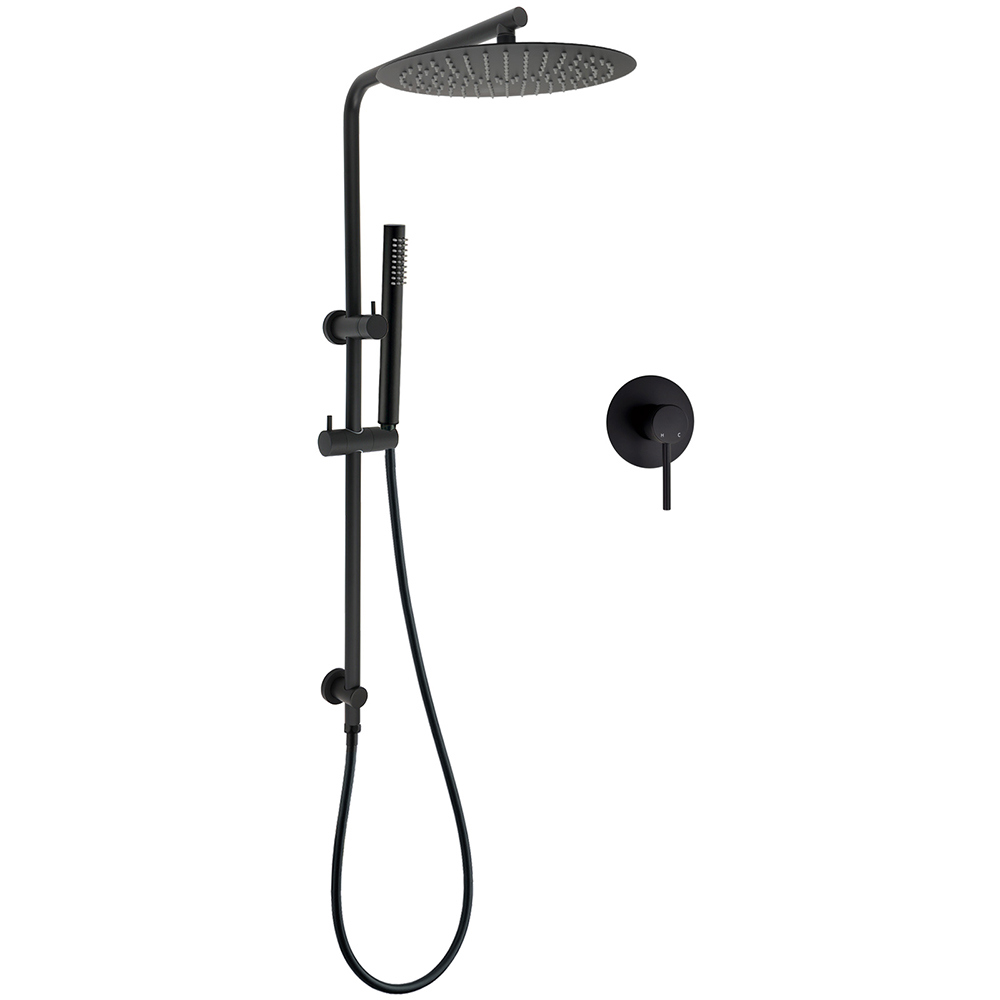 Matt Black Round 300mm Rain Shower Head Brass Handheld Riser Rail Set Diverter Mixer - Image 1